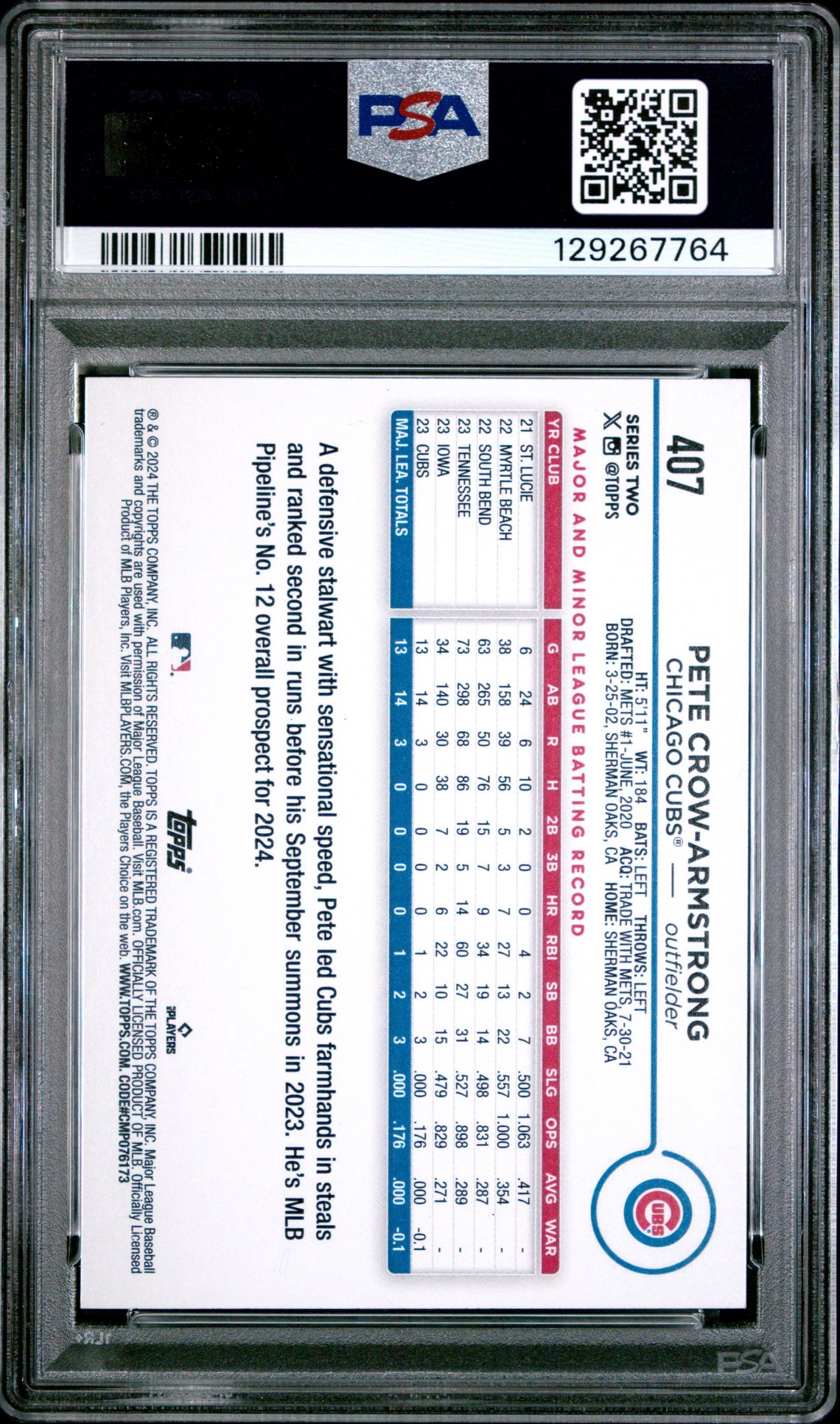 2024 Topps Pete Crow-Armstrong #407 (Yellow) Gem Mt 10 back