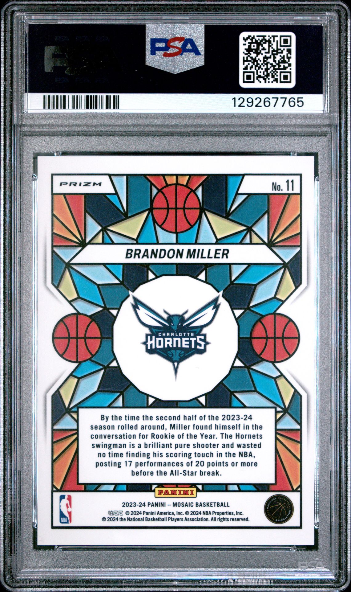 2023 Panini Mosaic Stained Glass Brandon Miller #11 Gem Mt 10 back