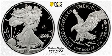 2025-W $1 Silver Eagle w/ Laser Privy First Strike PR69DCAM