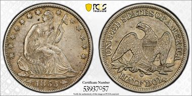1855-O 50C Arrows AU58