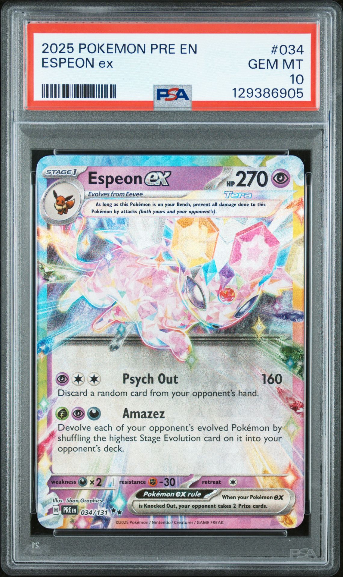 2025 Pokemon Pre En-Prismatic Evolutions Espeon Ex #034 Gem Mt 10 front