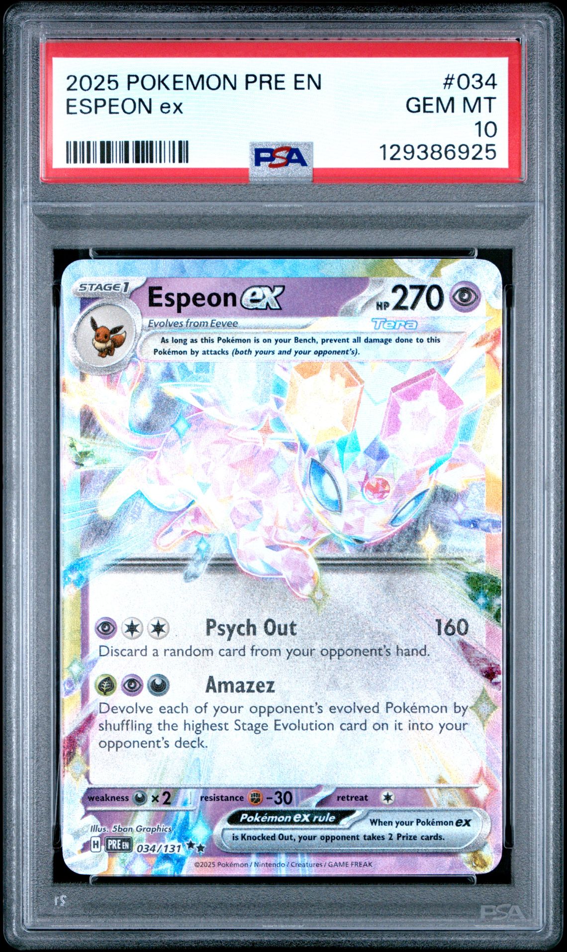 2025 Pokemon Pre En-Prismatic Evolutions Espeon Ex #034 Gem Mt 10 front