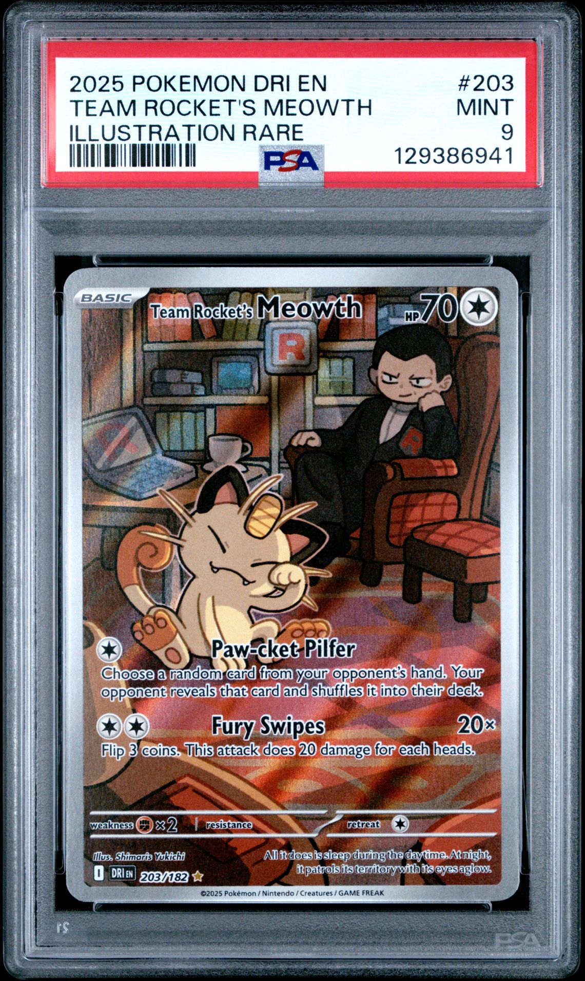 2025 Pokemon Dri En-Destined Rivals Team Rocket's Meowth #203 (Illustration Rare) Mint 9 front