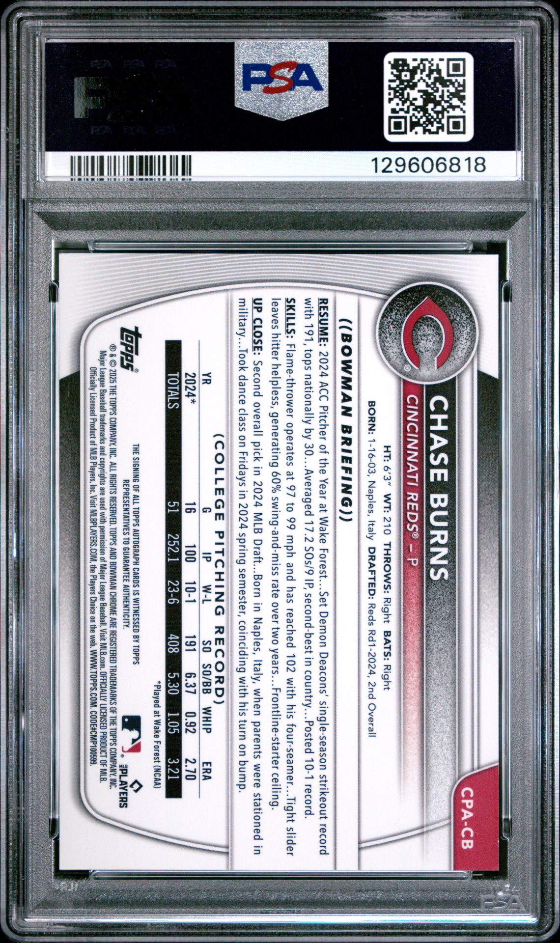 2025 Bowman Chrome Prospect Autographs Chase Burns #Cpacb (Chr Pros Auto-Green Lava) Mint 9 back