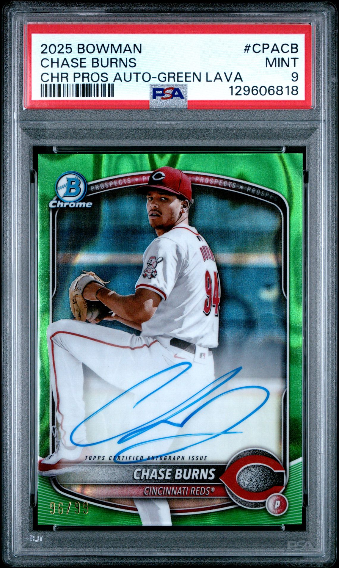 2025 Bowman Chrome Prospect Autographs Chase Burns #Cpacb (Chr Pros Auto-Green Lava) Mint 9 front