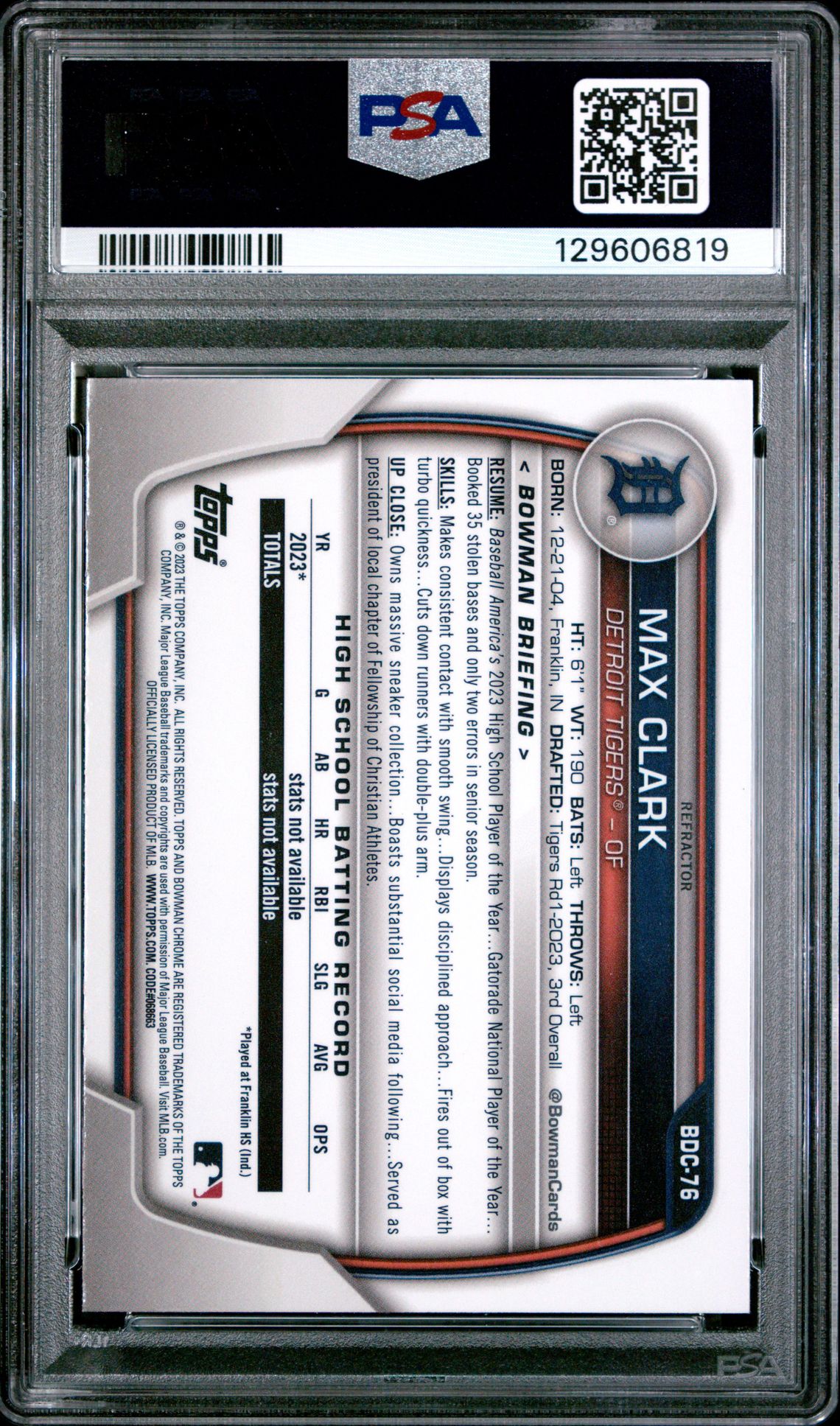 2023 Bowman Draft Max Clark #Bdc76 (Chrome-Refractor) Ex-Mt 6 back