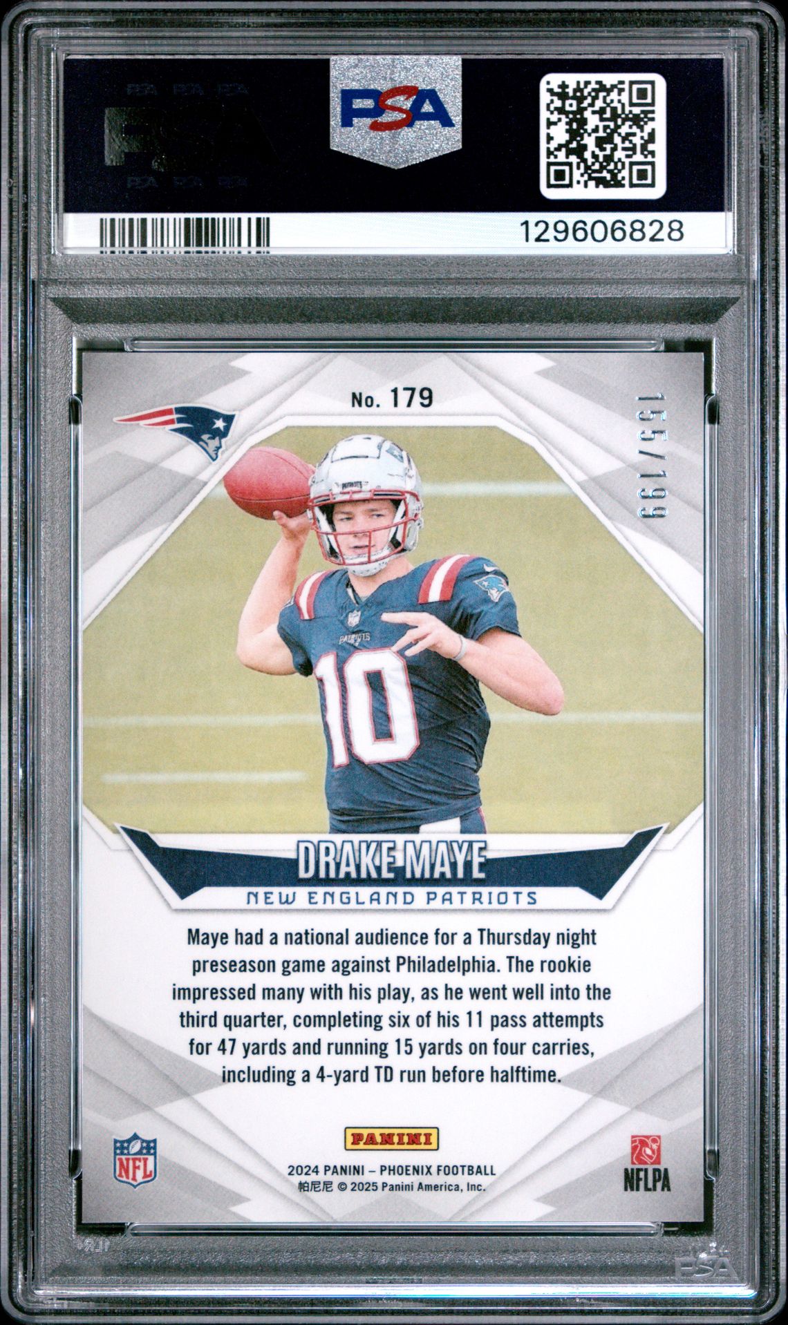 2024 Panini Phoenix Drake Maye #179 (Green Fade) Gem Mt 10 back