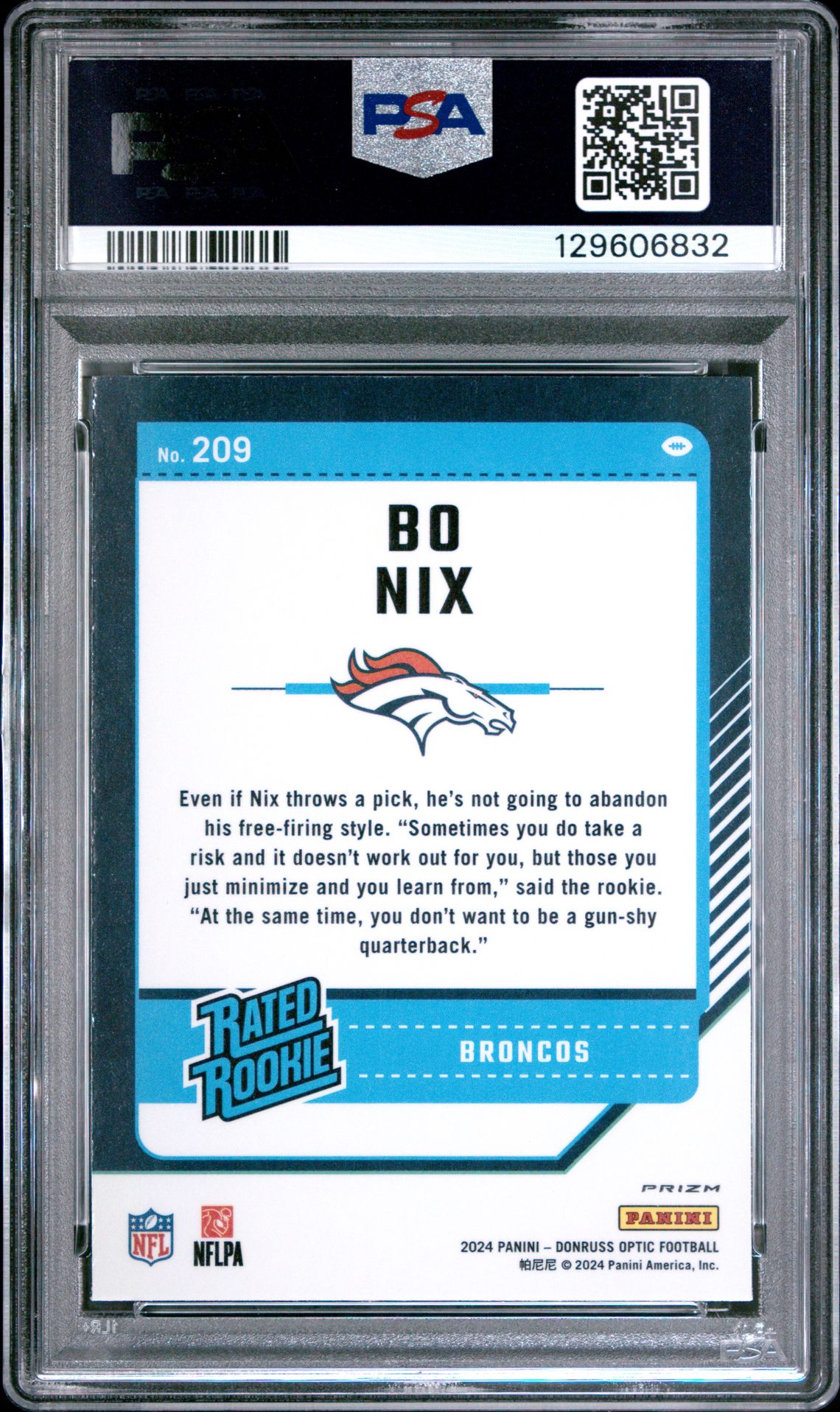 2024 Panini Donruss Optic Bo Nix #209 (Purple Shock) Gem Mt 10 back