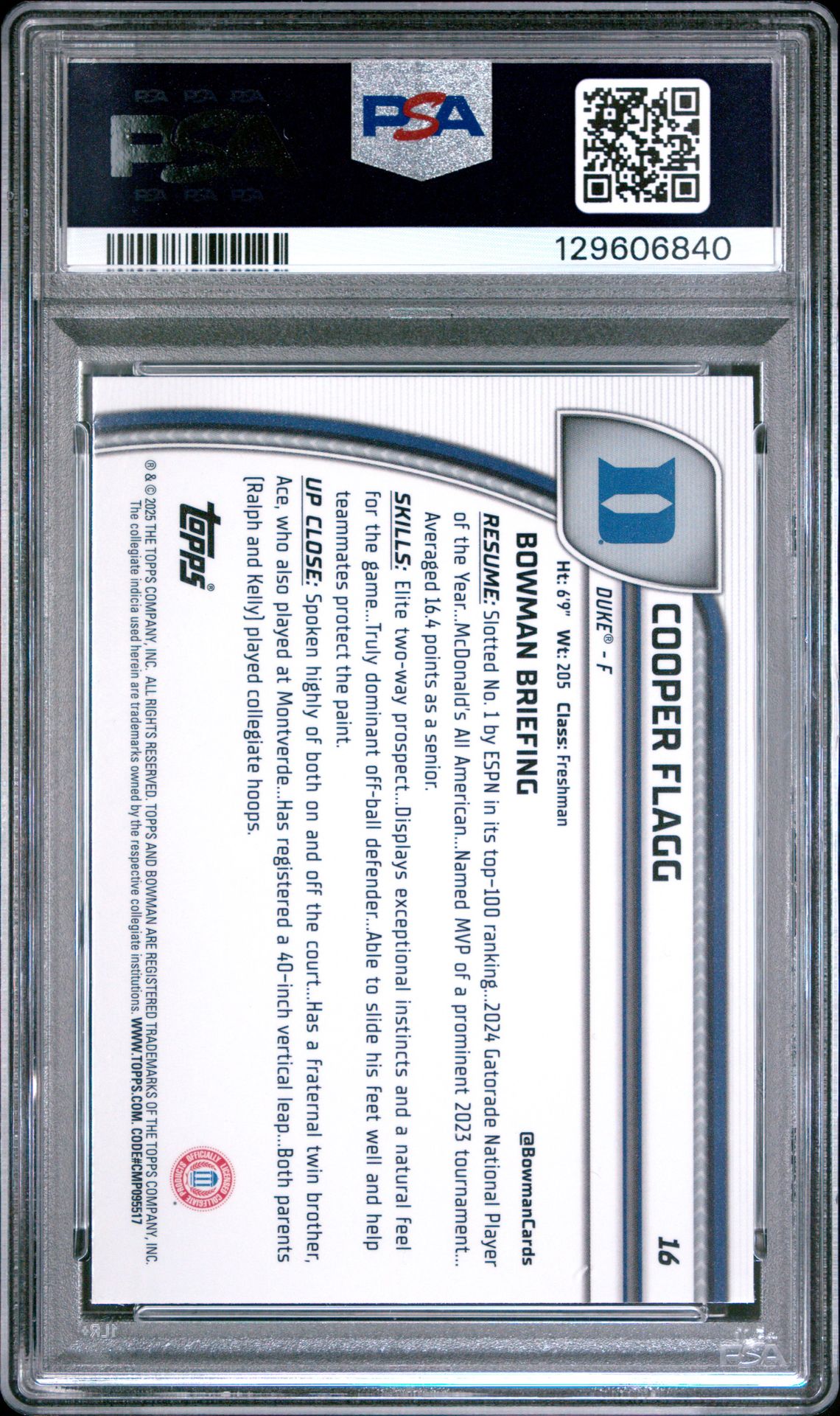 2024 Bowman Chrome University Cooper Flagg #16 (Black Wave) Gem Mt 10 back