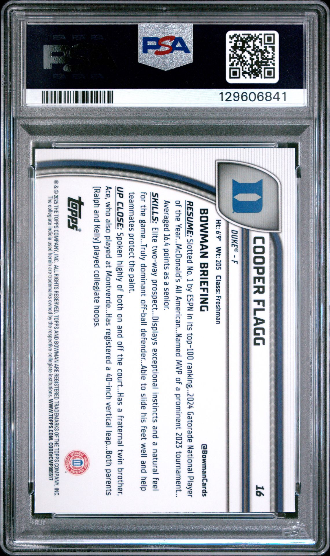 2024 Bowman Chrome University Cooper Flagg #16 (Black Wave) Mint 9 back