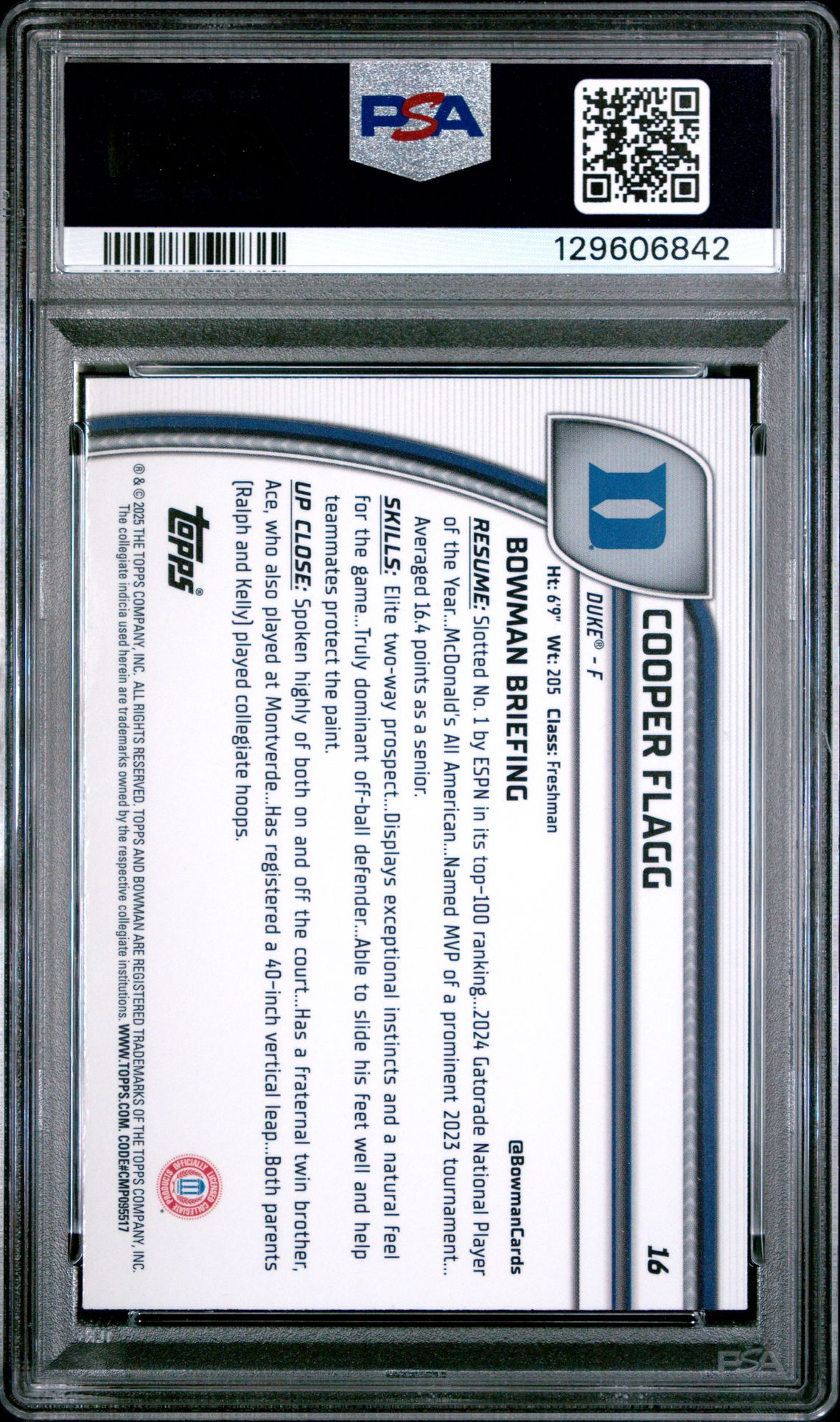 2024 Bowman Chrome University Cooper Flagg #16 (Green Shimmer) Gem Mt 10 back