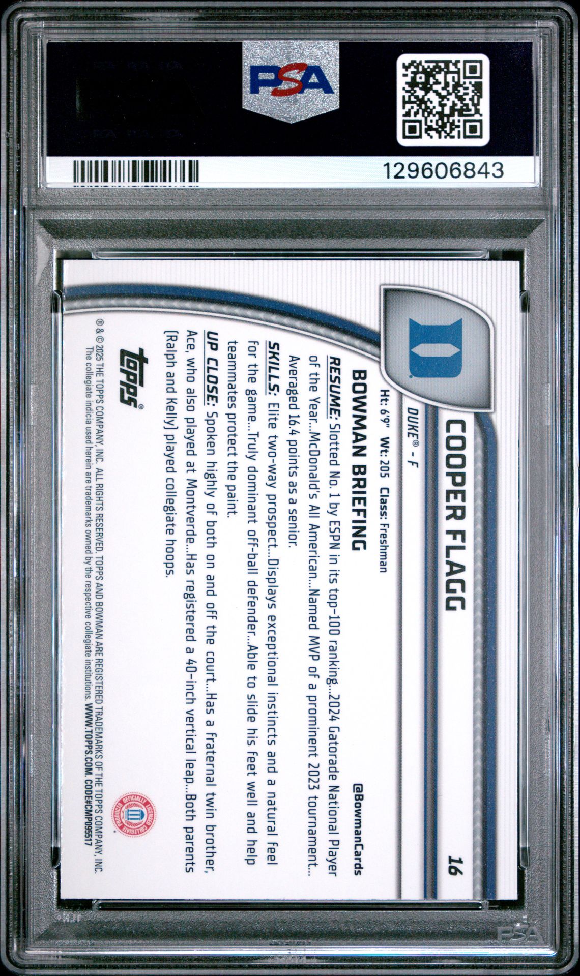 2024 Bowman Chrome University Cooper Flagg #16 (Purple Lava) Mint 9 back