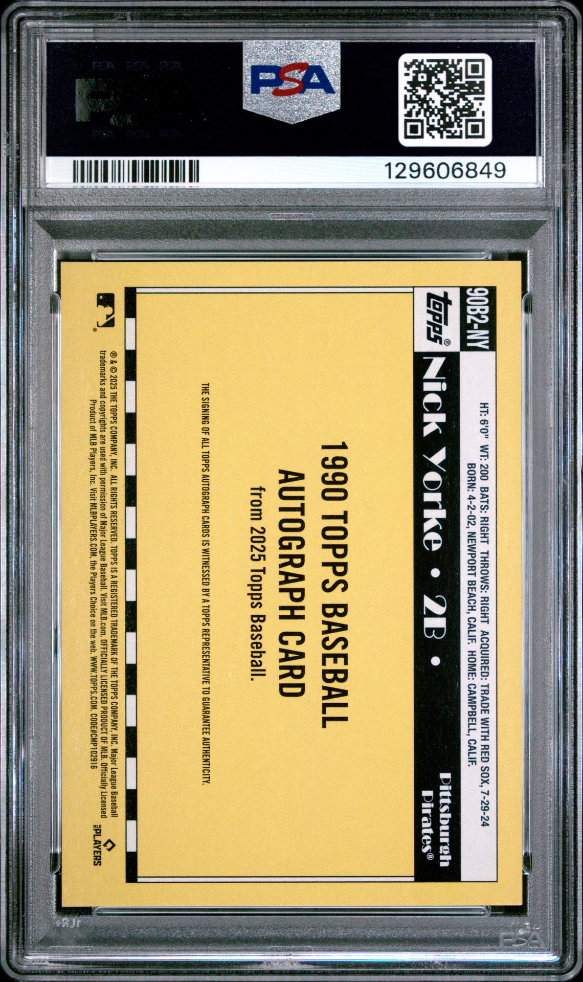 2025 Topps 1990 Topps Baseball Autographs Nick Yorke #90B2Ny (Series 2) Gem Mt 10 back