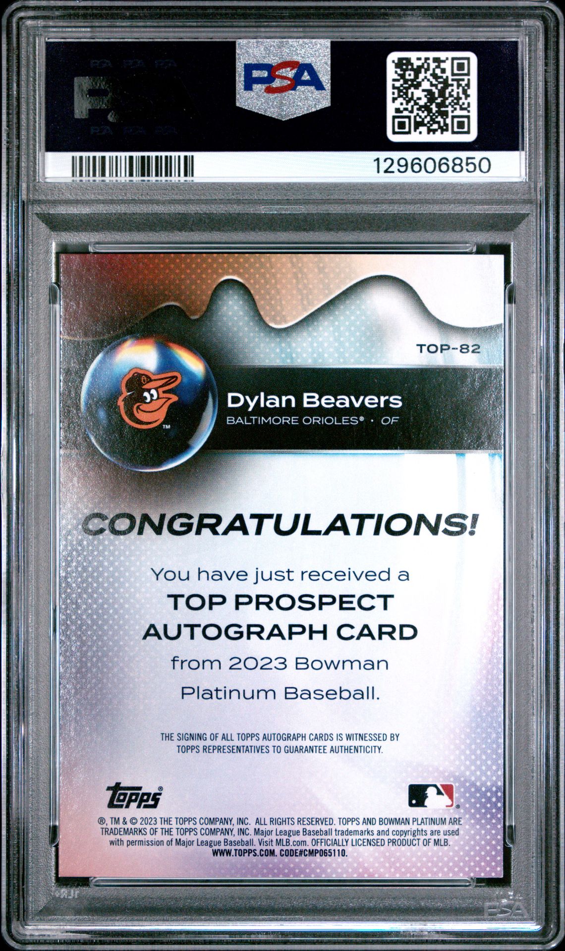 2023 Bowman Platinum Top Prospects Dylan Beavers #Top82 (Top Prospects-Autograph) Gem Mt 10 back