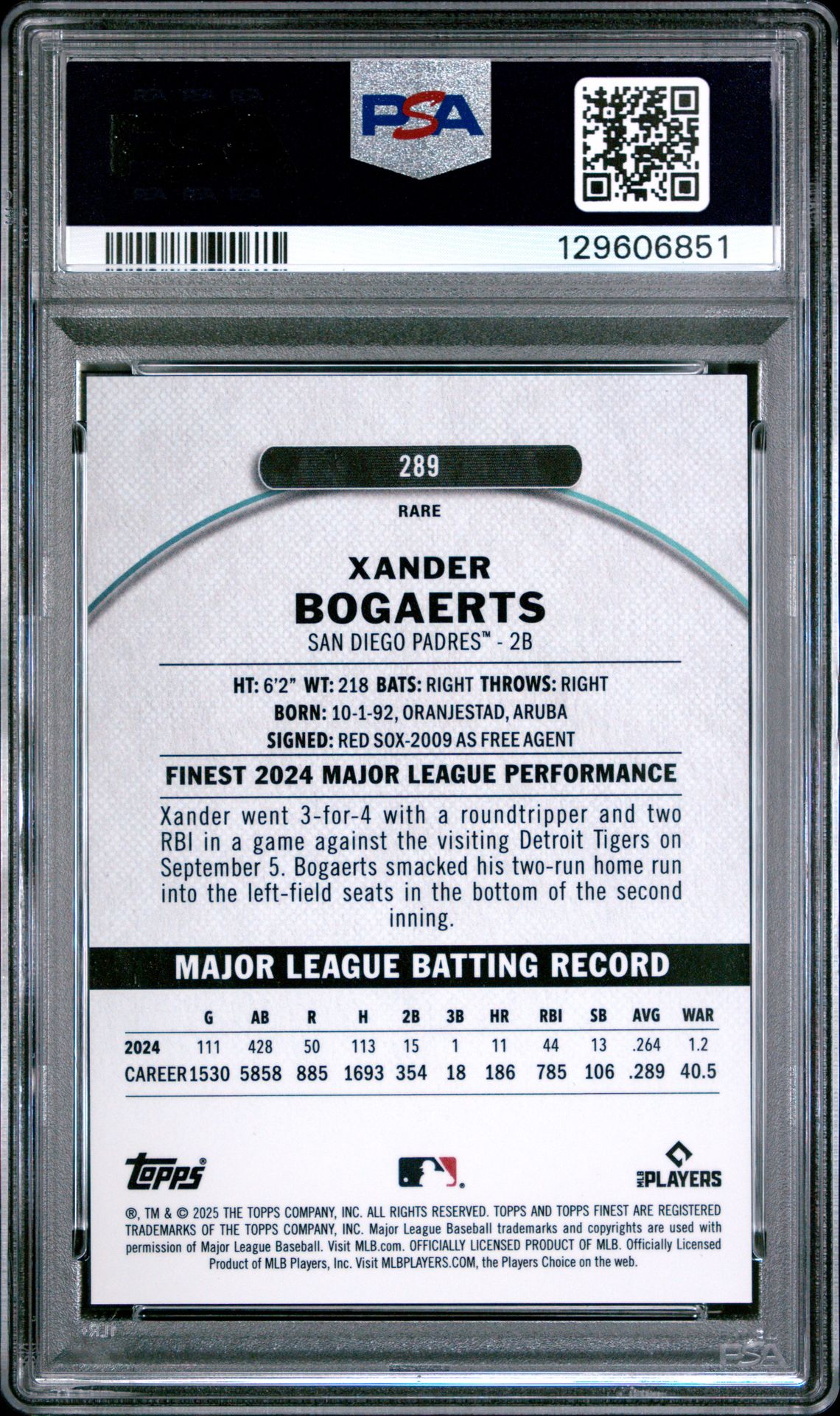 2025 Topps Finest Xander Bogaerts #289 (Black Refractor) Gem Mt 10 back view - PSA certificate #129606851