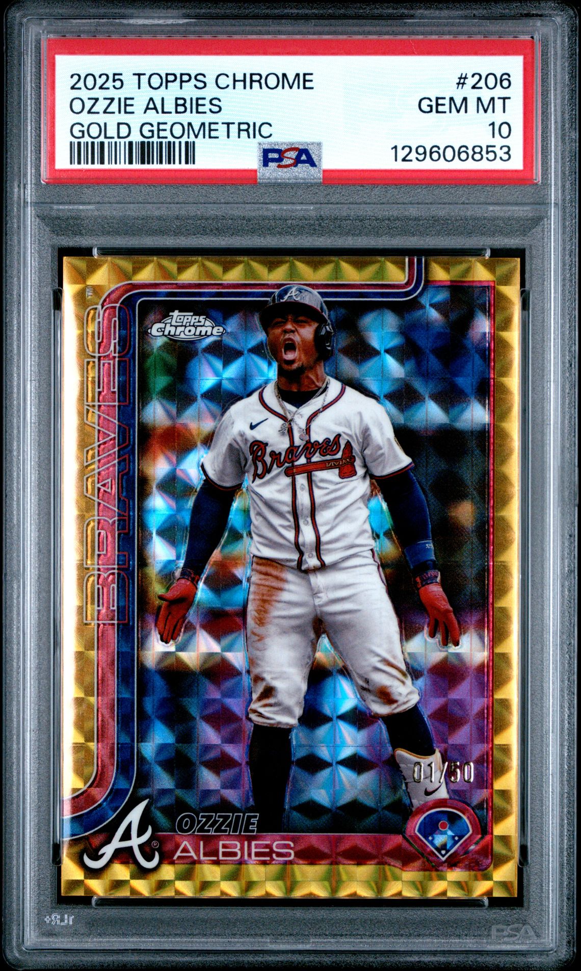 2025 Topps Chrome Ozzie Albies #206 (Gold Geometric) Gem Mt 10 front view - PSA graded GEM MT 10