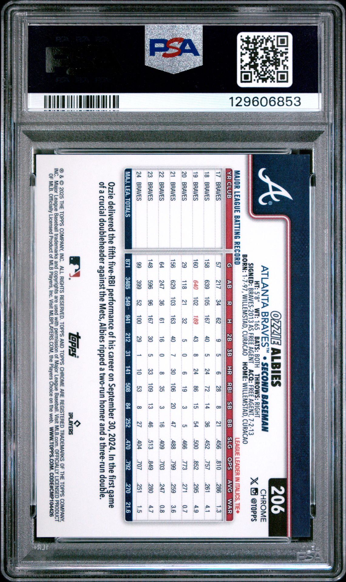 2025 Topps Chrome Ozzie Albies #206 (Gold Geometric) Gem Mt 10 back view - PSA certificate #129606853