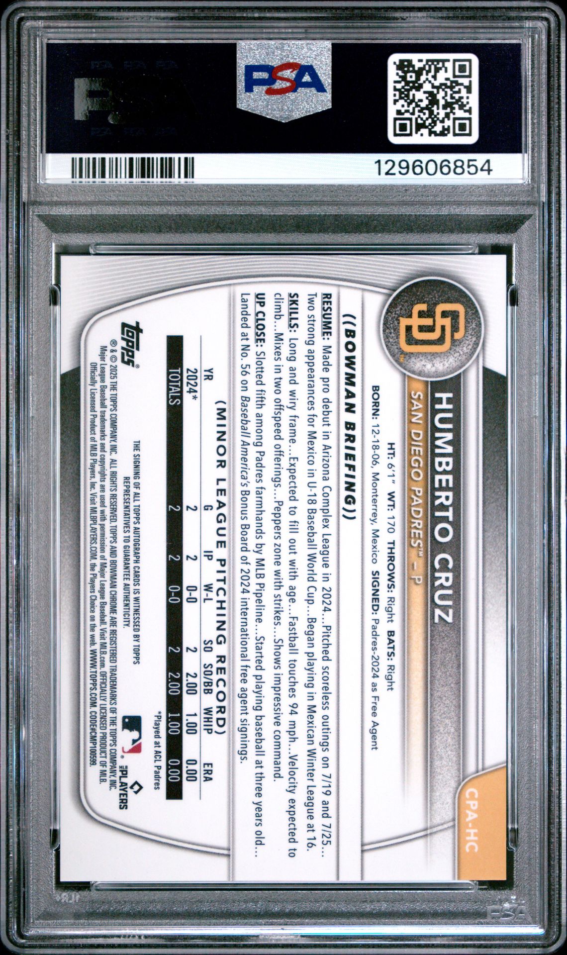 2025 Bowman Chrome Prospect Autographs Humberto Cruz #Cpahc Gem Mt 10 back view - PSA certificate #129606854