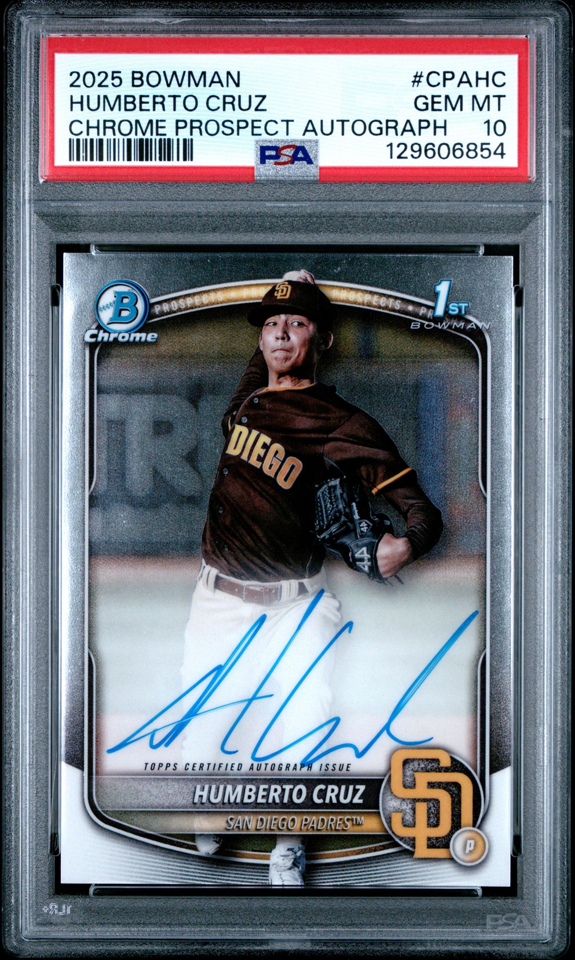 2025 Bowman Chrome Prospect Autographs Humberto Cruz #Cpahc Gem Mt 10 front view - PSA graded GEM MT 10