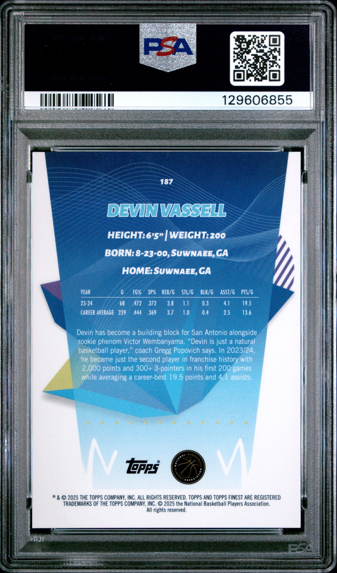 2024 Topps Finest Devin Vassell #187 (Red Refractor) Gem Mt 10 back