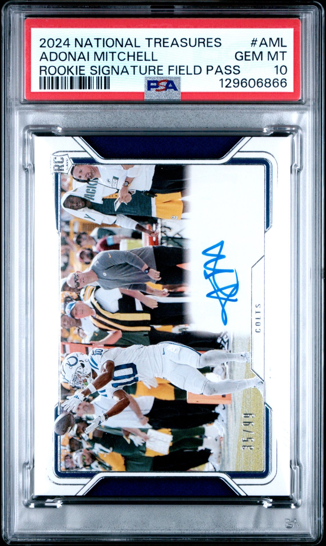 2024 Panini National Treasures Rookie Signatures Field Pass Adonai Mitchell #Aml Gem Mt 10 front
