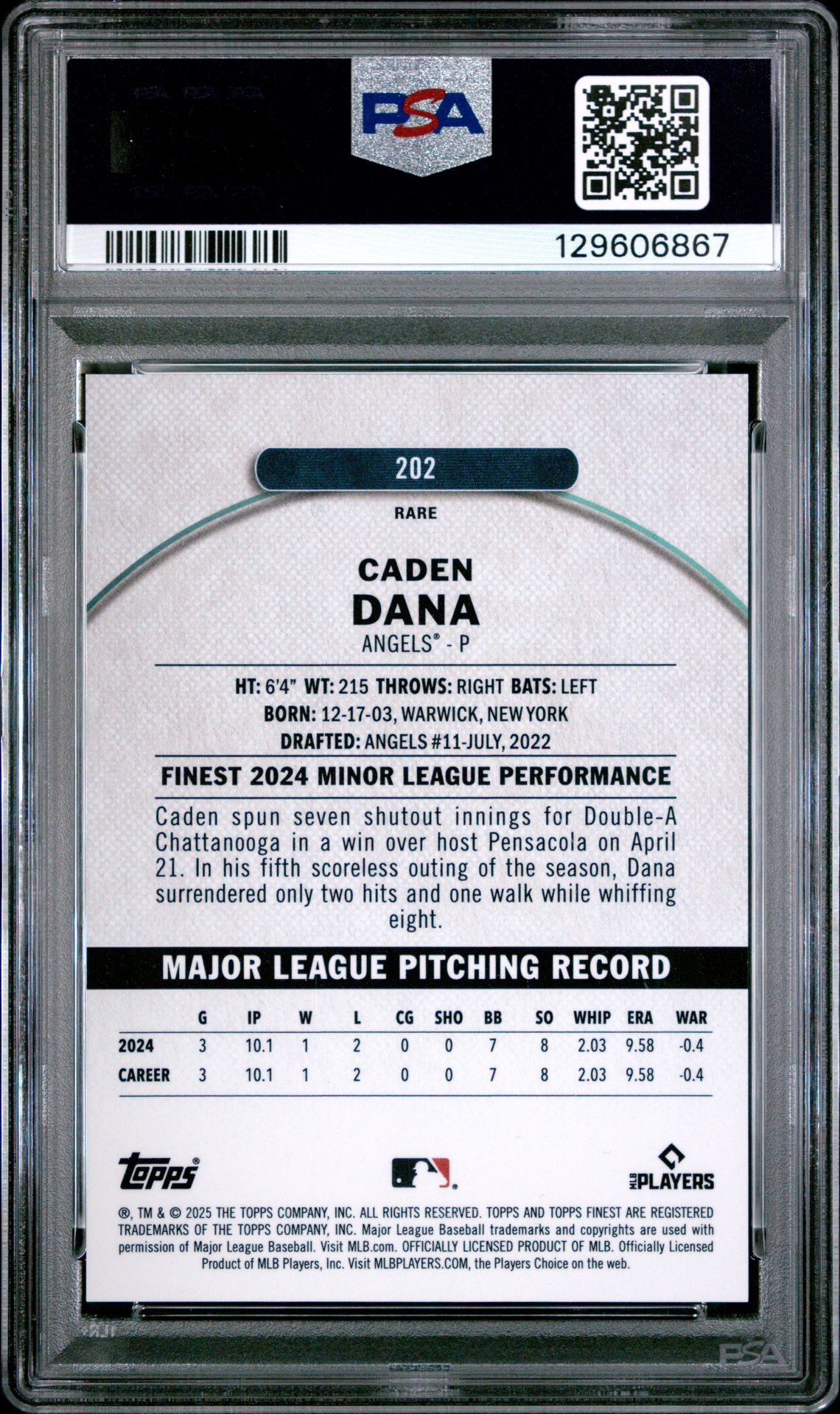 2025 Topps Finest Caden Dana #202 (Pearl Checkerboard) Mint 9 back