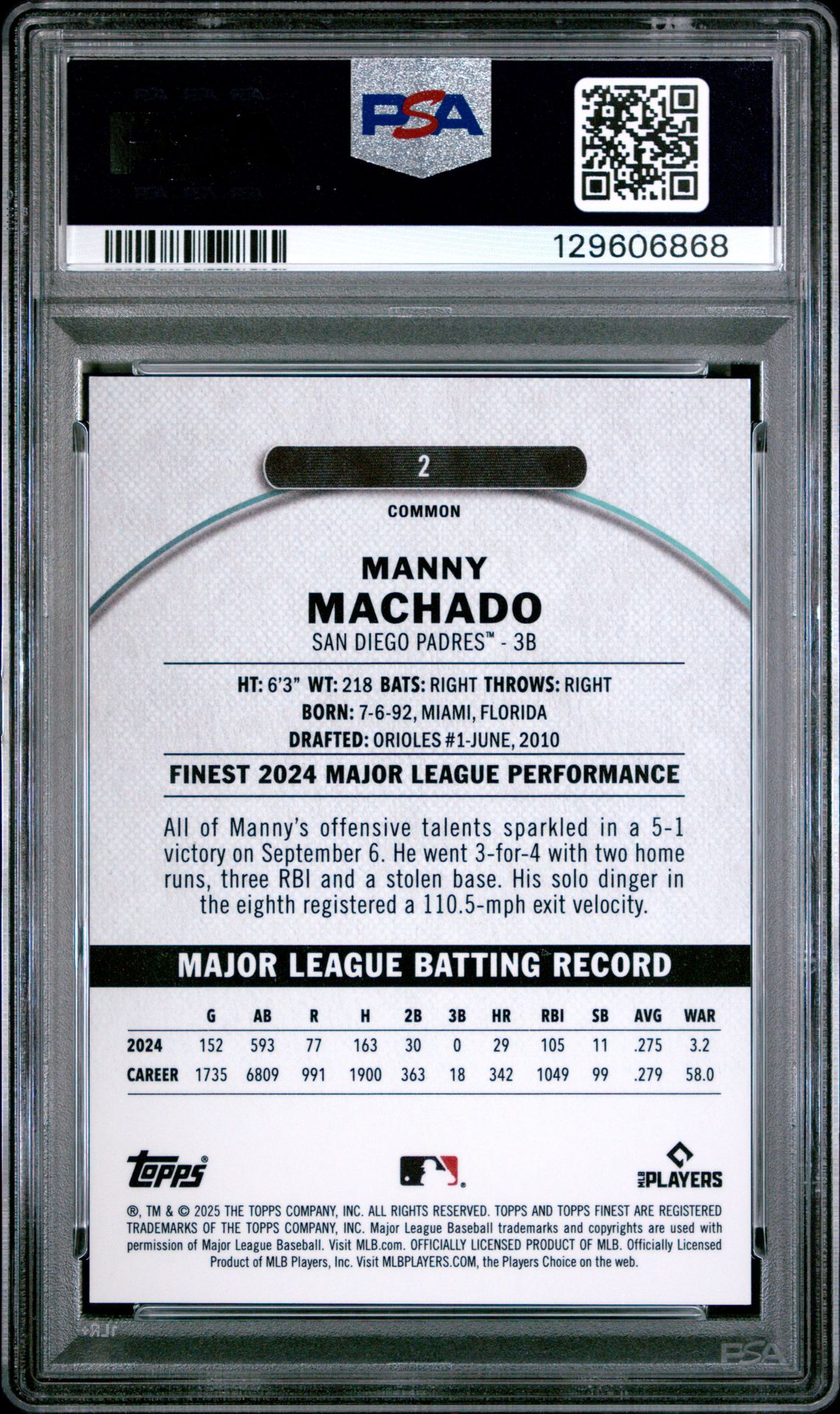 2025 Topps Finest Manny Machado #2 (Pearl Checkerboard) Gem Mt 10 back