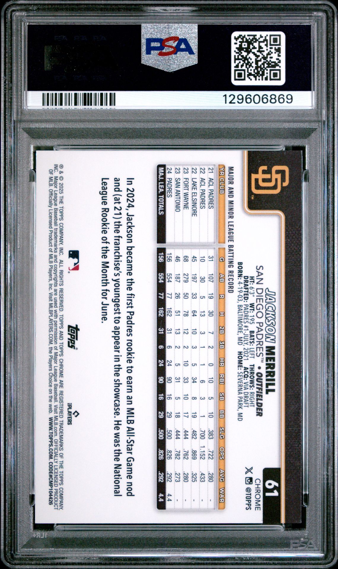 2025 Topps Chrome Jackson Merrill #61 (Purple Refractor) Mint 9 back