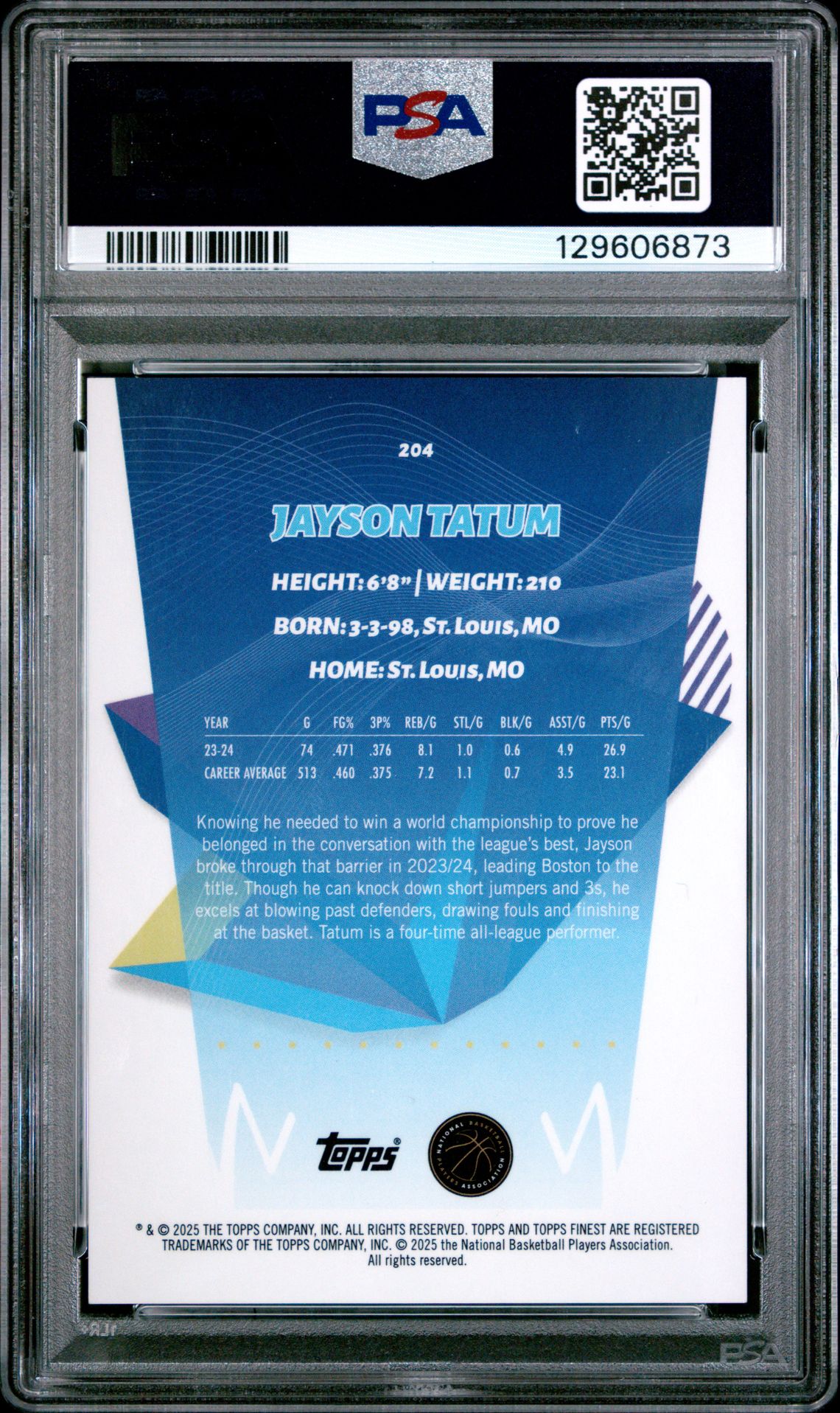 2024 Topps Finest Jayson Tatum #204 (Blue X-Fractor) Gem Mt 10 back