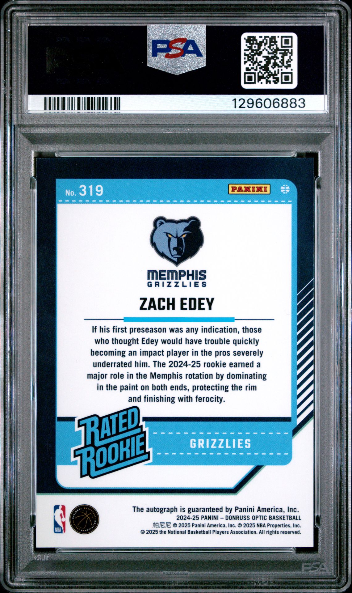 2024 Panini Donruss Optic Zach Edey #319 (Signature) Gem Mt 10 back