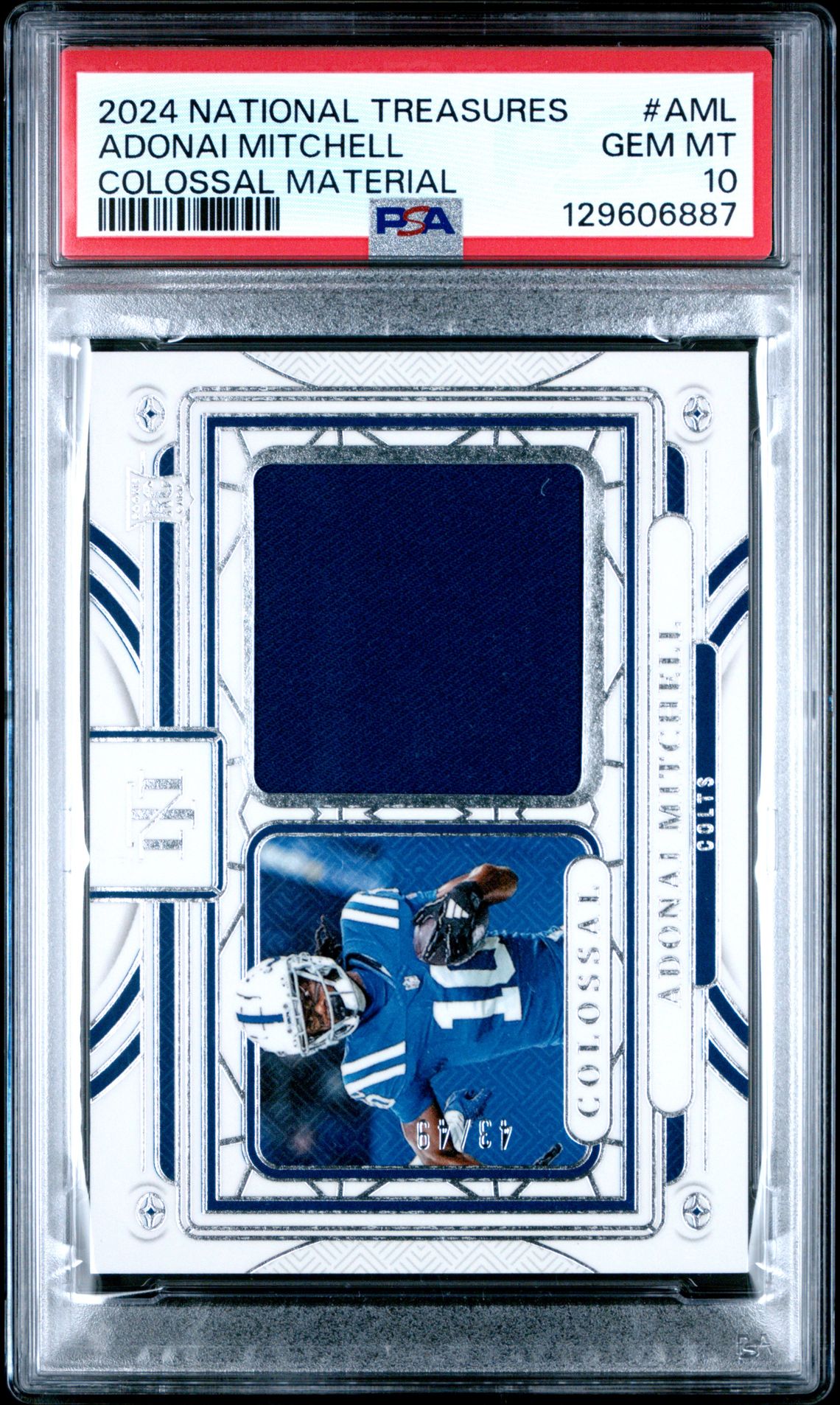 2024 Panini National Treasures Colossal Materials Adonai Mitchell #Aml Gem Mt 10 front