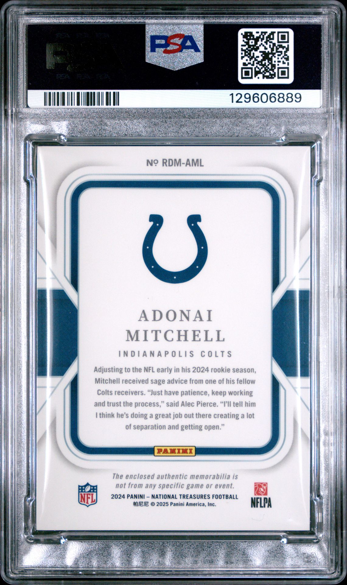 2024 Panini National Treasures Rookie Dual Materials Adonai Mitchell #Aml (Rookie Dual Mat-Purple) Nm-Mt 8 back
