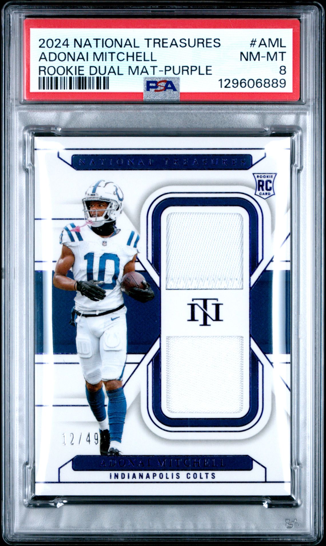 2024 Panini National Treasures Rookie Dual Materials Adonai Mitchell #Aml (Rookie Dual Mat-Purple) Nm-Mt 8 front