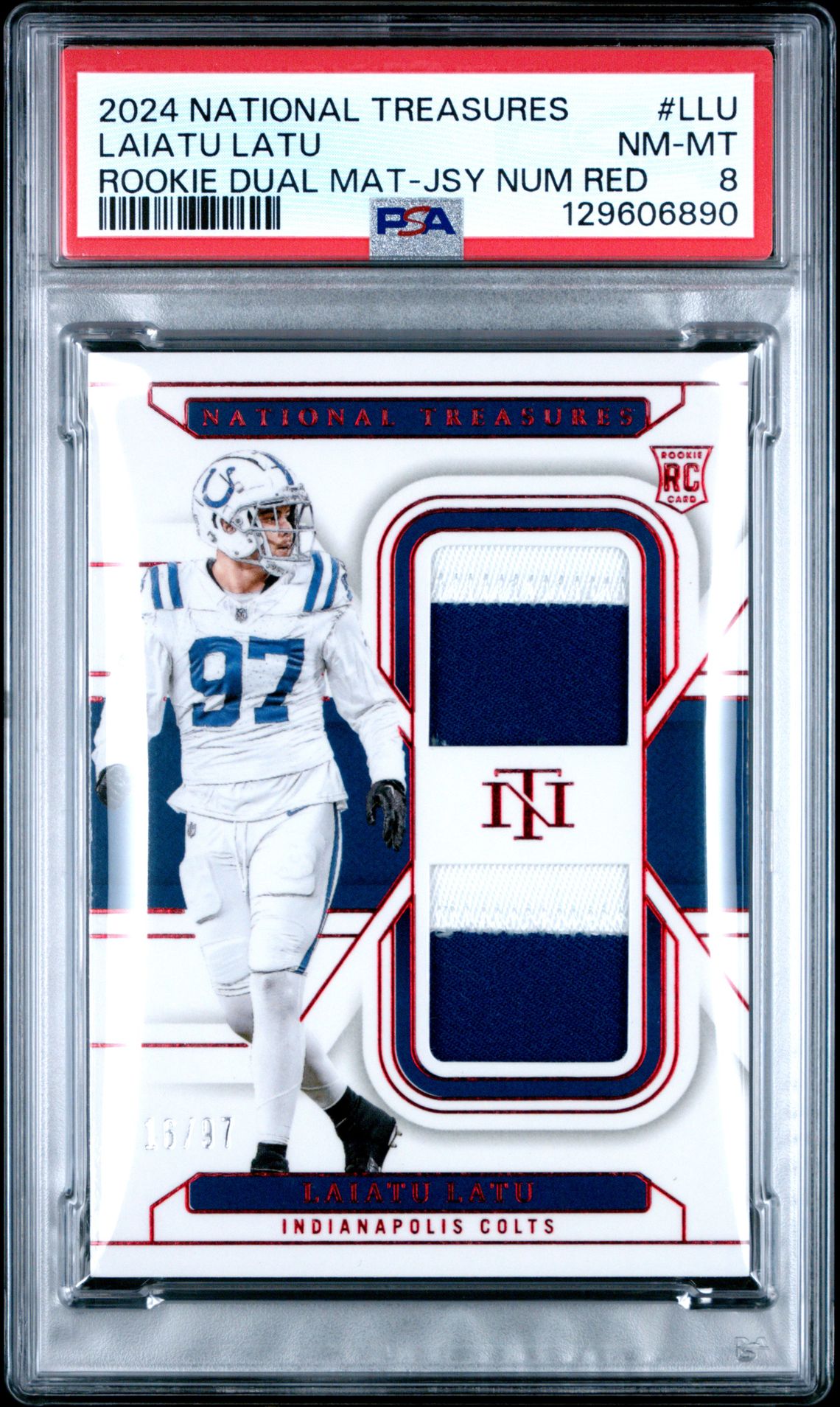 2024 Panini National Treasures Rookie Dual Materials Laiatu Latu #Llu (Rookie Dual Mat-Jsy Num Red) Nm-Mt 8 front