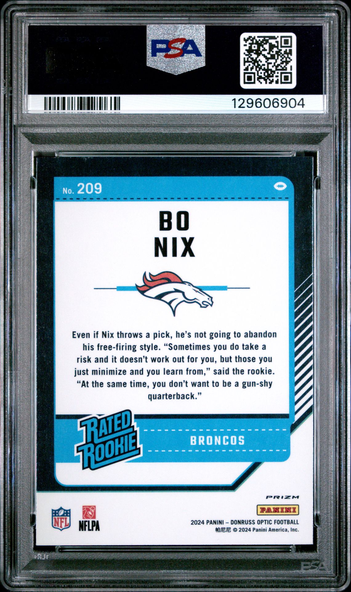 2024 Panini Donruss Optic Bo Nix #209 (Purple Shock) Gem Mt 10 back