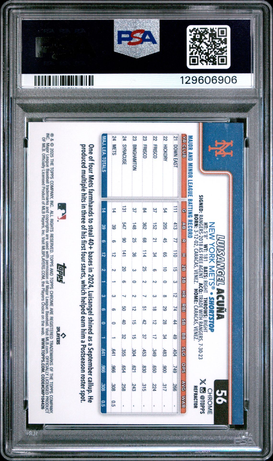 2025 Topps Chrome Luisangel Acuna #56 (Refractor) Gem Mt 10 back