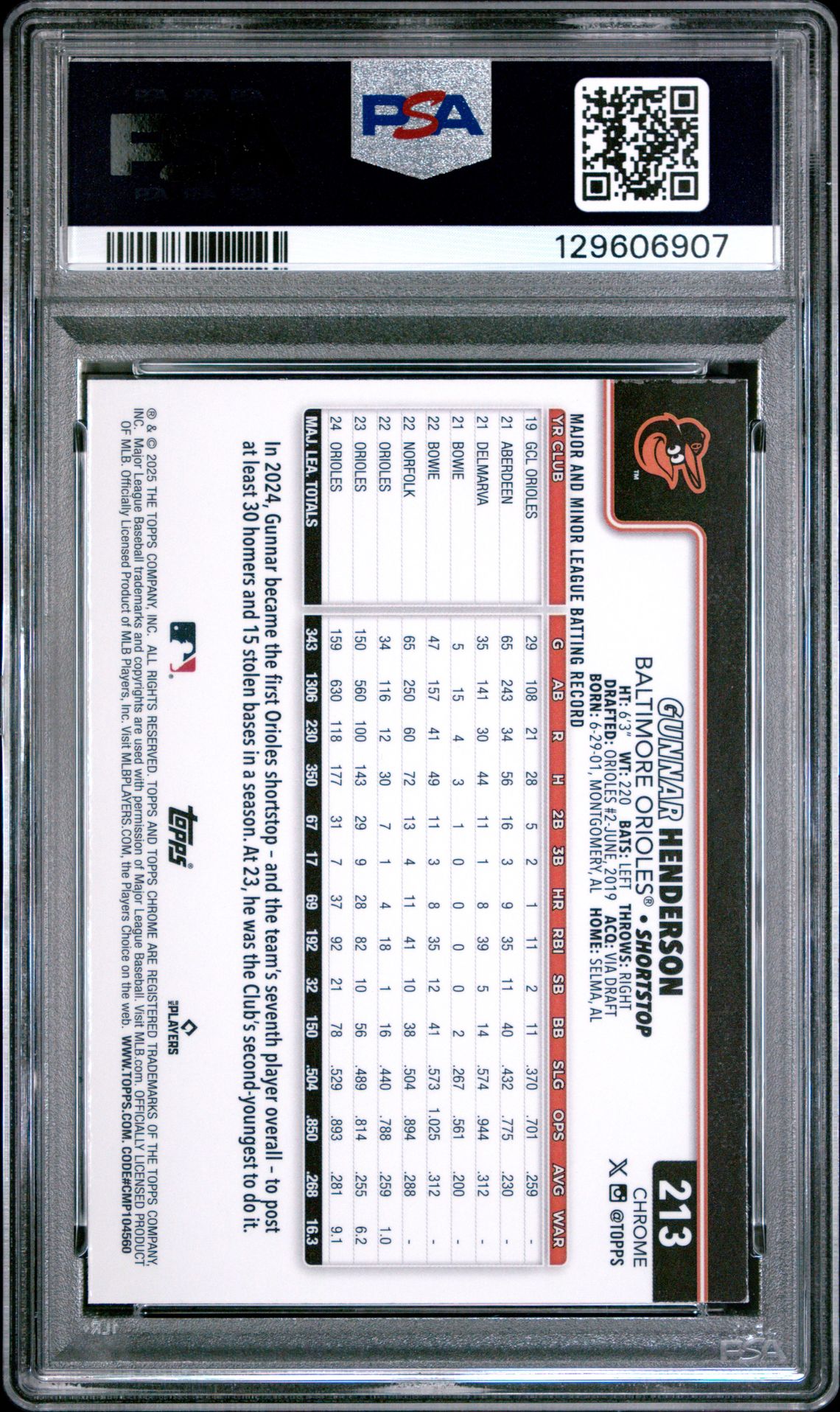 2025 Topps Chrome Gunnar Henderson #213 (Variation) Mint 9 back