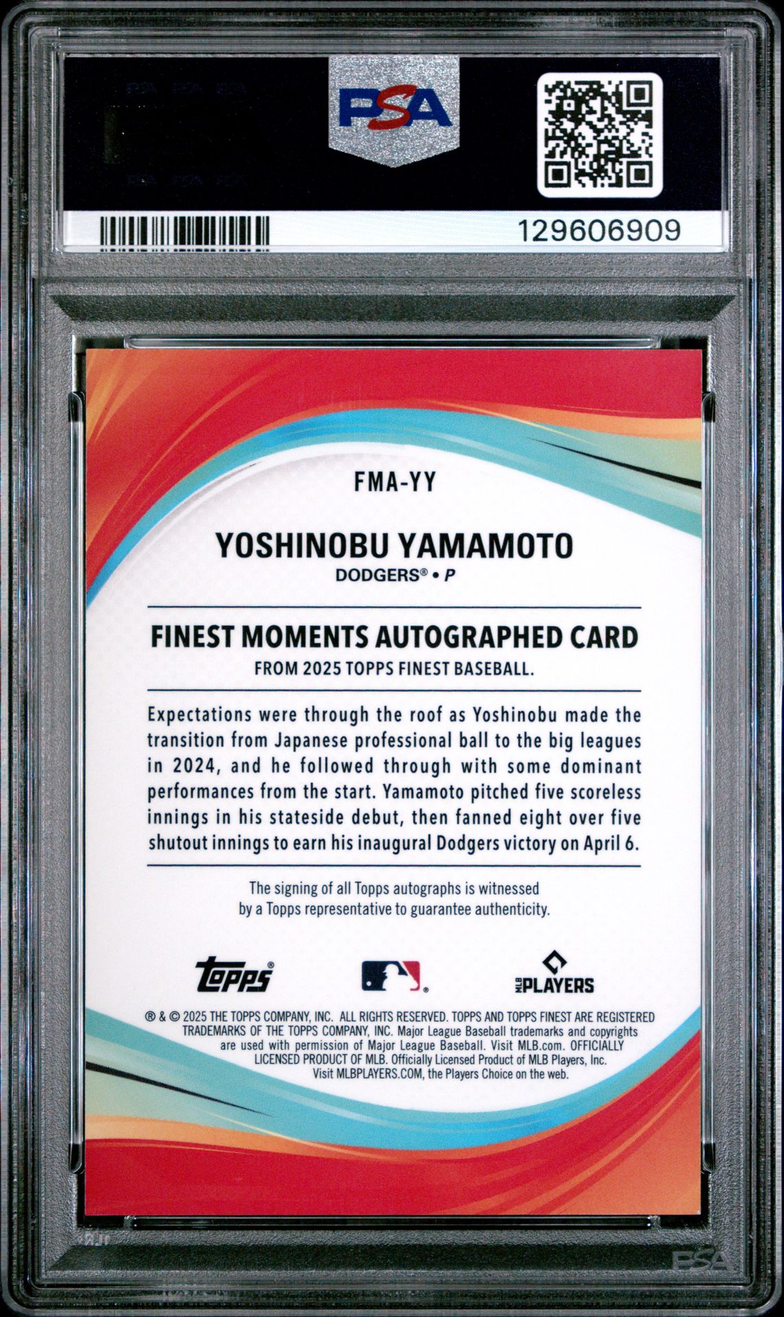 2025 Topps Finest Finest Moments Autographs Yoshinobu Yamamoto #Fmayy Mint 9 back
