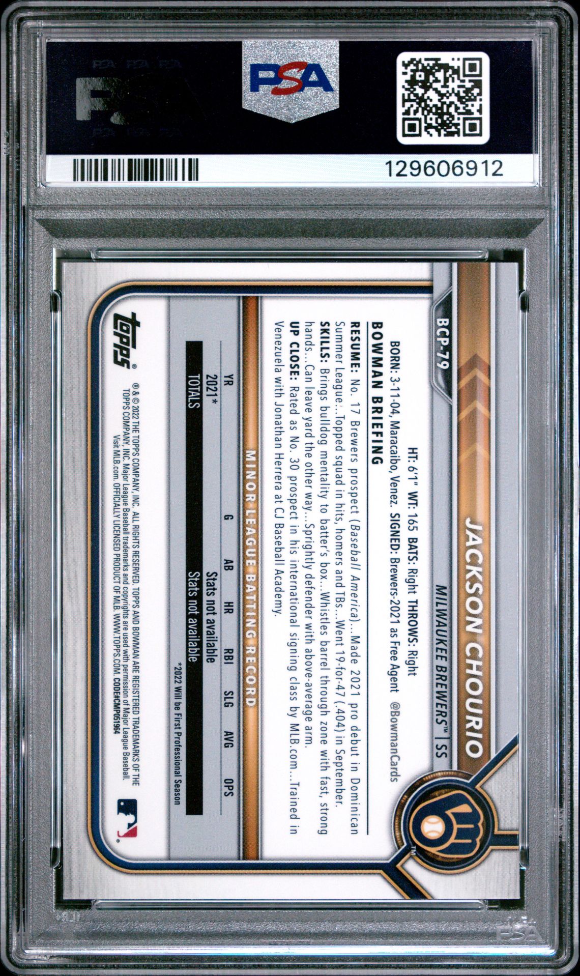 2022 Bowman Sapphire Edition Chrome Prospects Jackson Chourio #Bcp79 (Chrome Prospects) Mint 9 back