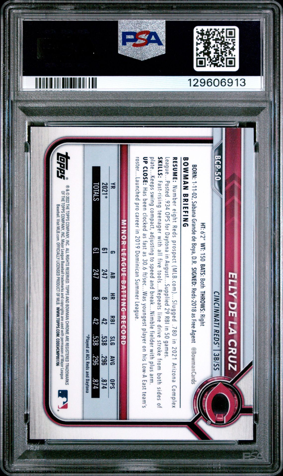 2022 Bowman Chrome Prospects Elly De La Cruz #Bcp50 (Chrome Prospects) Gem Mt 10 back