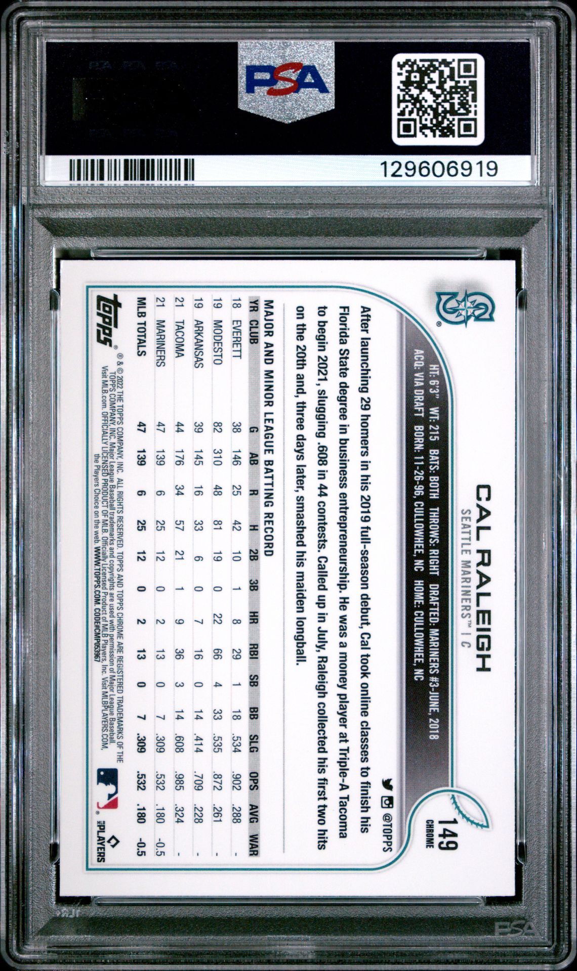 2022 Topps Chrome Cal Raleigh #149 (Pink Refractor) Gem Mt 10 back