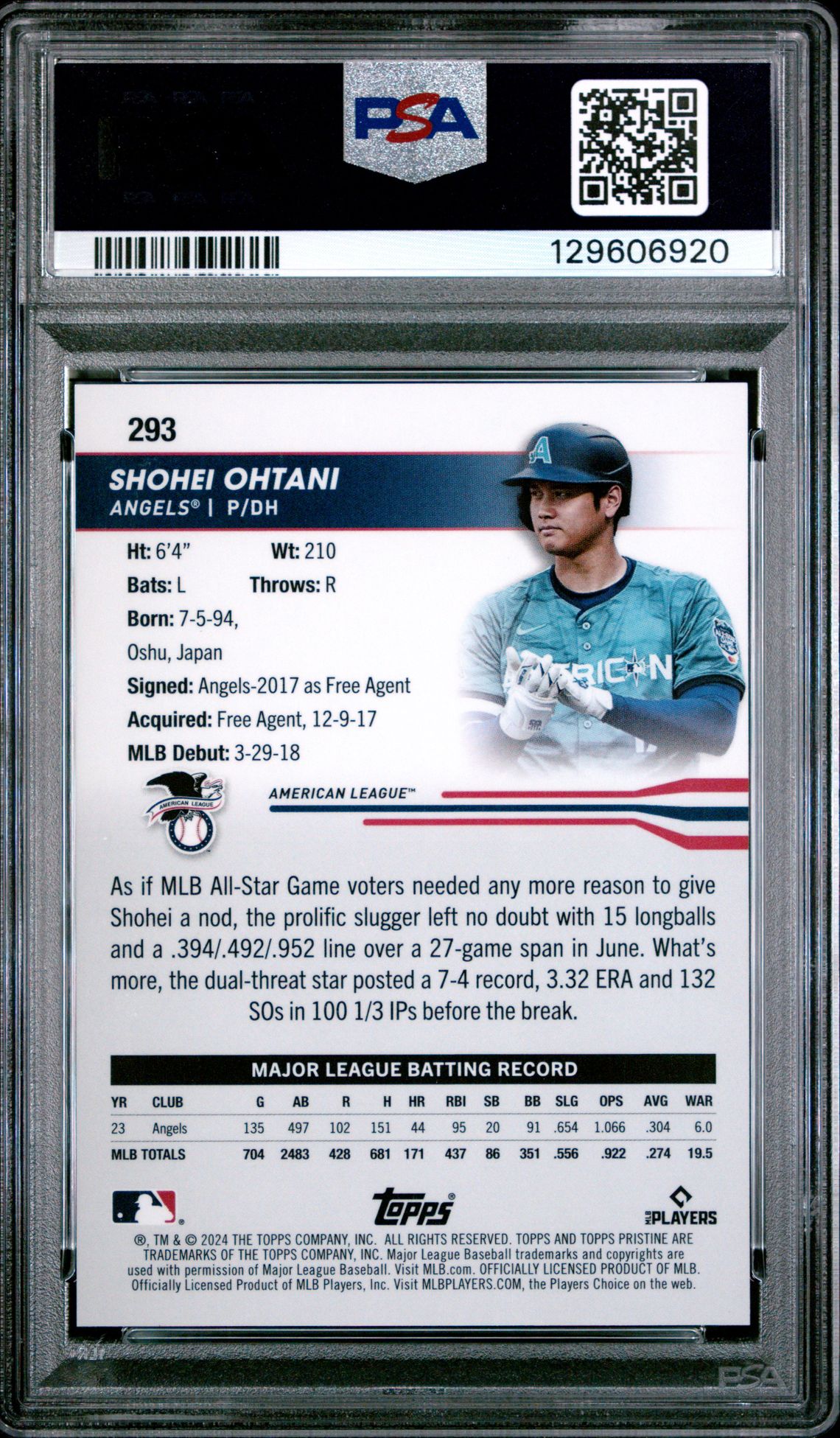 2024 Topps Pristine Shohei Ohtani #293 (Green Refractor) Gem Mt 10 back