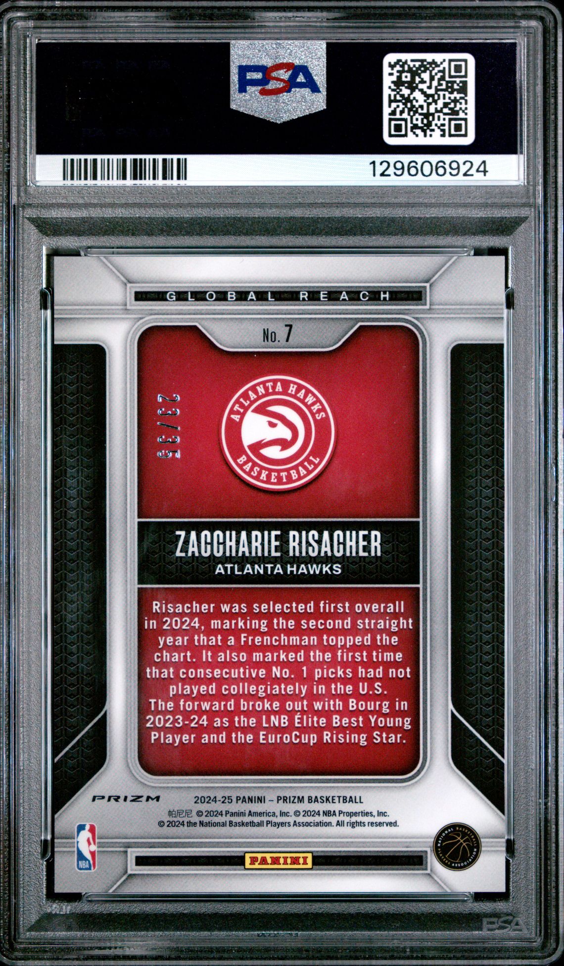 2024 Panini Prizm Global Reach Zaccharie Risacher #7 (Global Reach-Purple Pulsar) Gem Mt 10 back