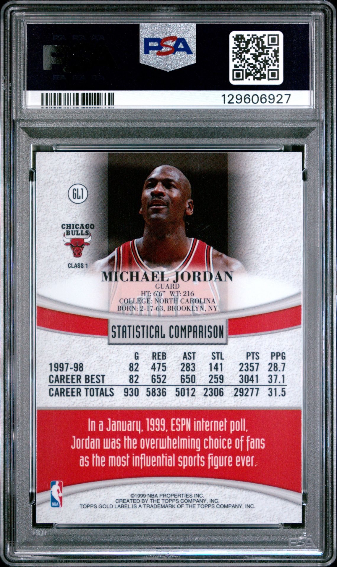 1998 Topps Gold Label Michael Jordan #Gl1 Mint 9 back