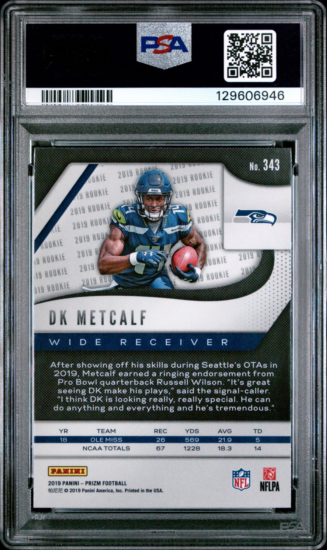 2019 Panini Prizm Dk Metcalf #343 Gem Mt 10 back