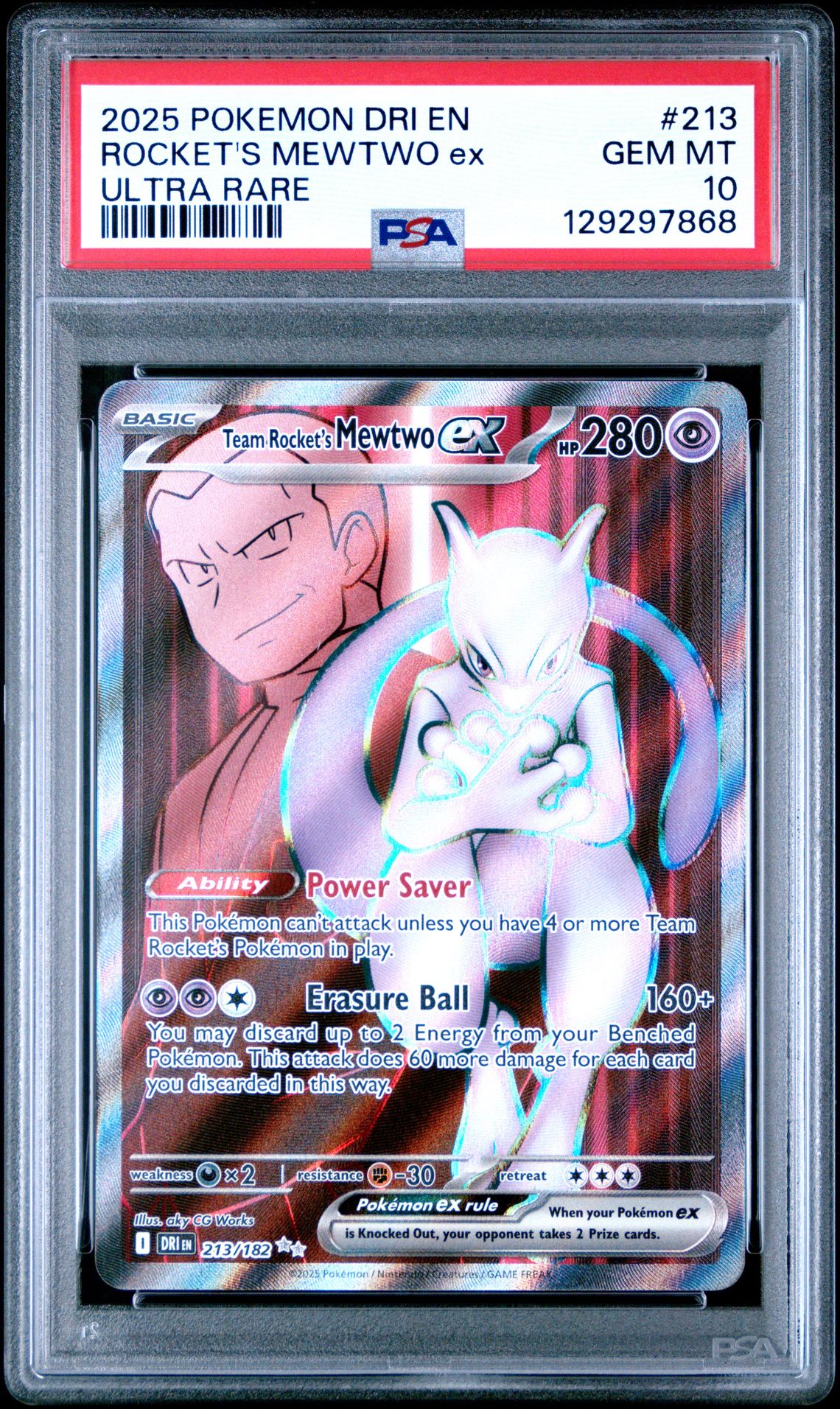 2025 Pokemon Dri En-Destined Rivals Rocket's Mewtwo Ex #213 (Ultra Rare) Gem Mt 10 front