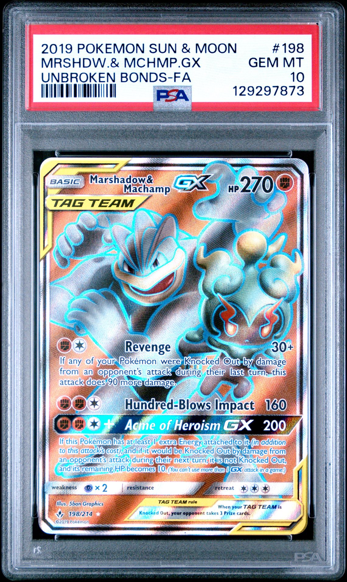 2019 Pokemon Sun & Moon Unbroken Bonds Mrshdw.& Mchmp.gx #198 (Unbroken Bonds-Fa) Gem Mt 10 front