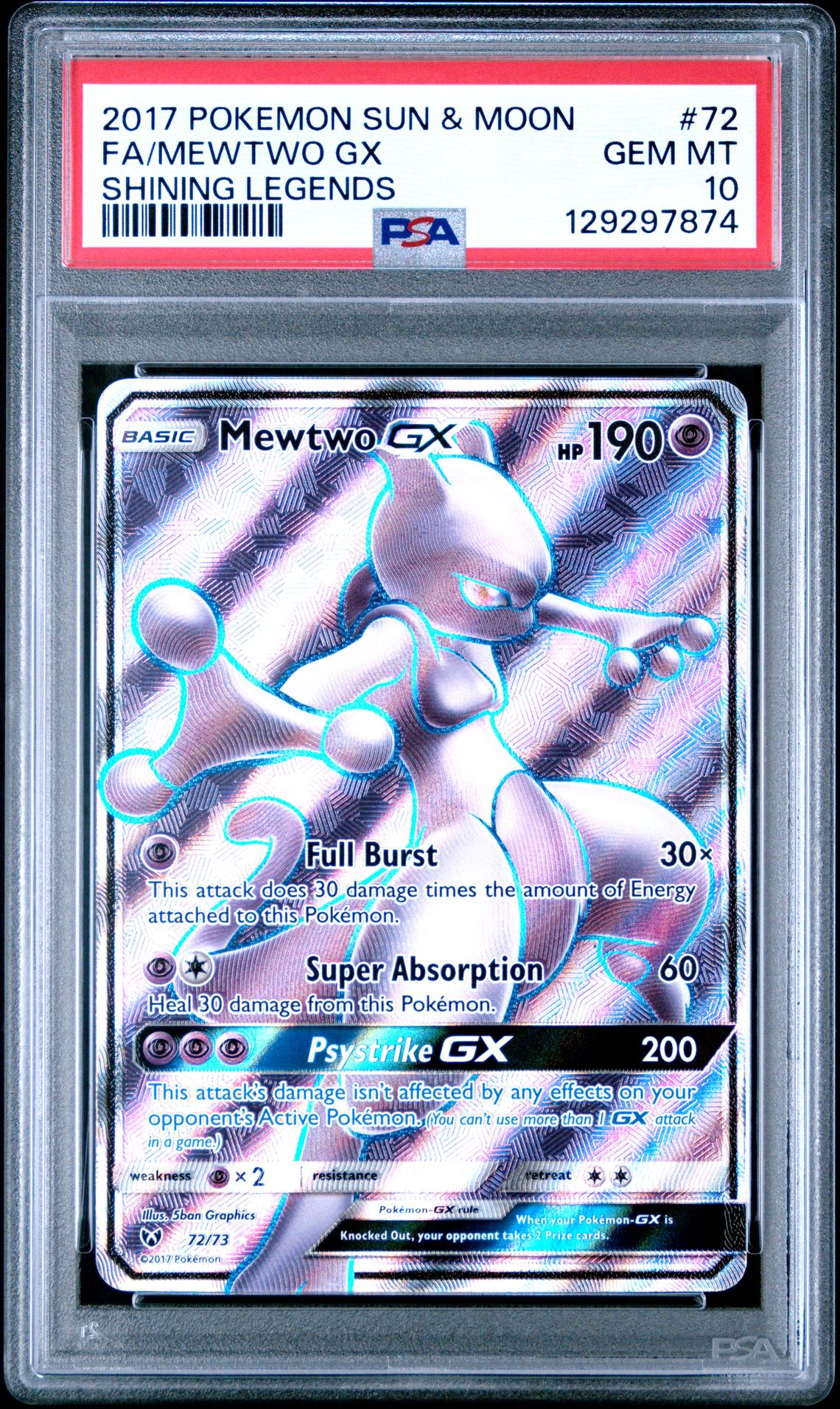 2017 Pokemon Sun & Moon Shining Legends Fa/Mewtwo Gx #72 (Shining Legends) Gem Mt 10 front