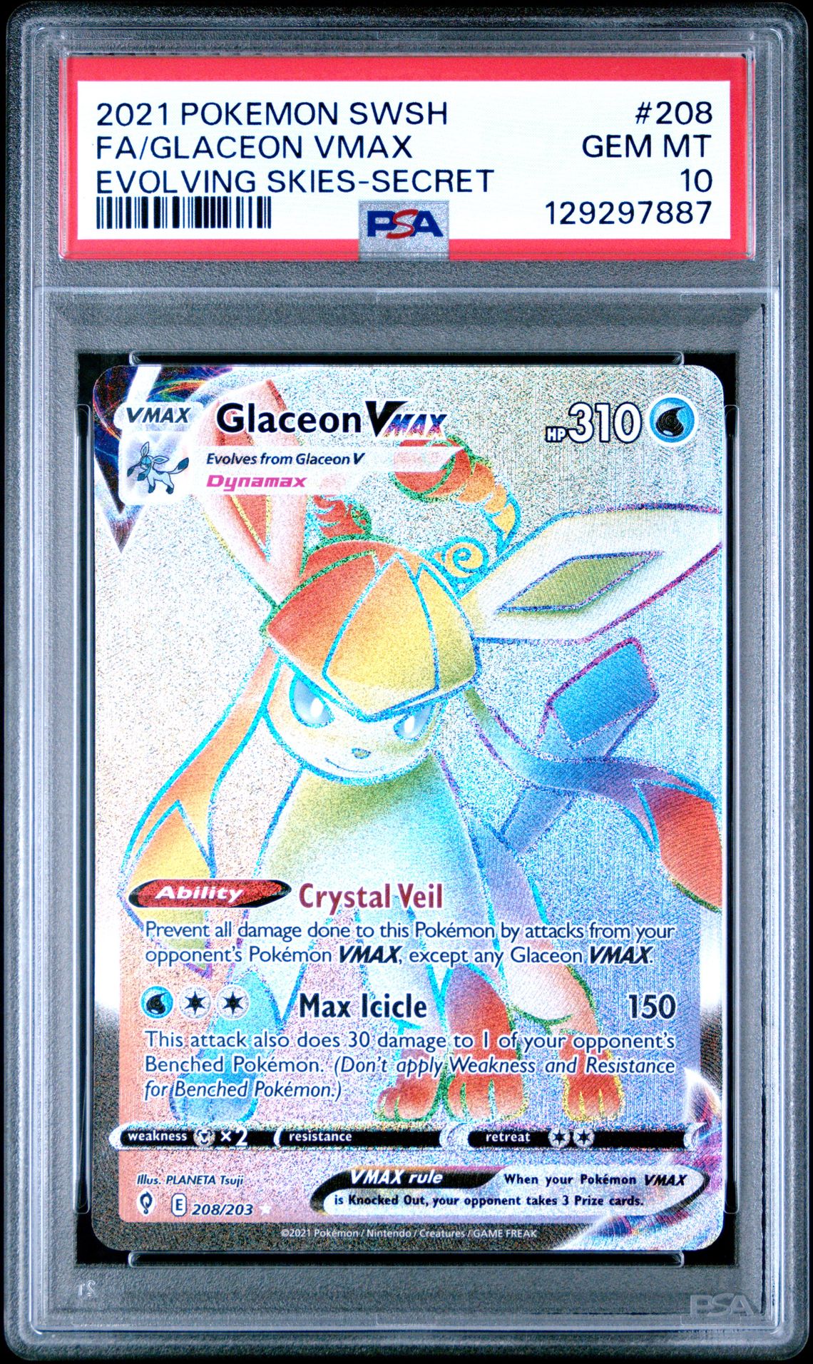 2021 Pokemon Sword & Shield Evolving Skies Fa/Glaceon Vmax #208 (Evolving Skies-Secret) Gem Mt 10 front