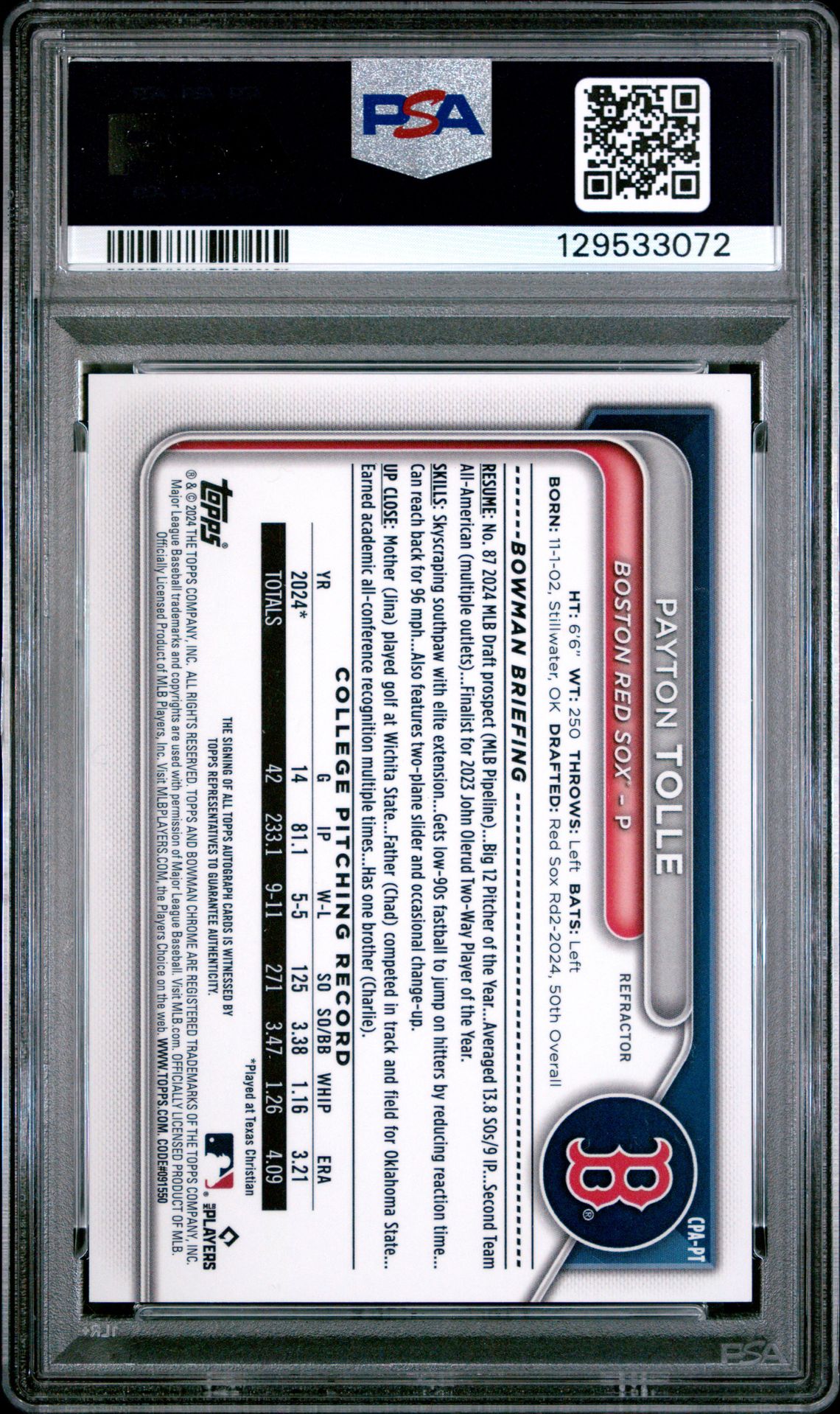 2024 Bowman Draft Chrome Prospect Autographs Payton Tolle #Cpapt (Chr Prospect Au-Refractor) Mint 9 back